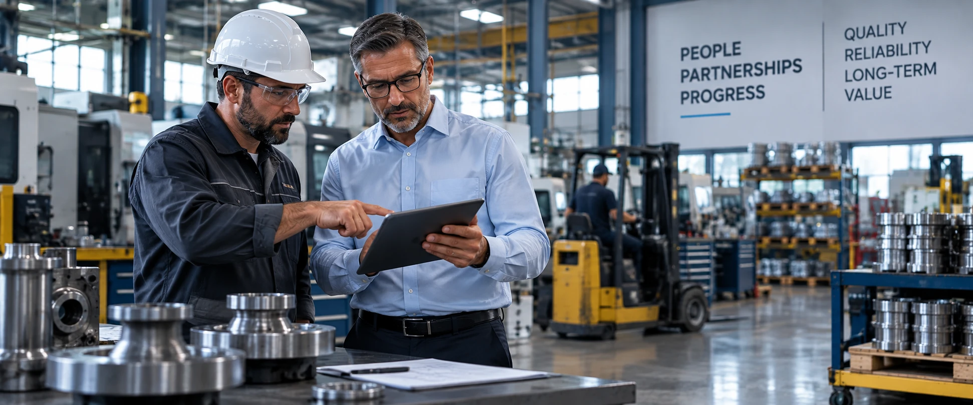 Two team members reviewing information on a tablet on a manufacturing floor